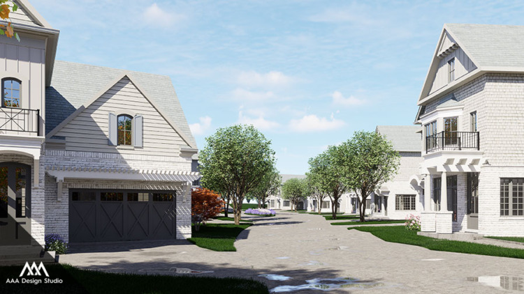 Residential street lined with modern white houses, green trees, and a clear blue sky.