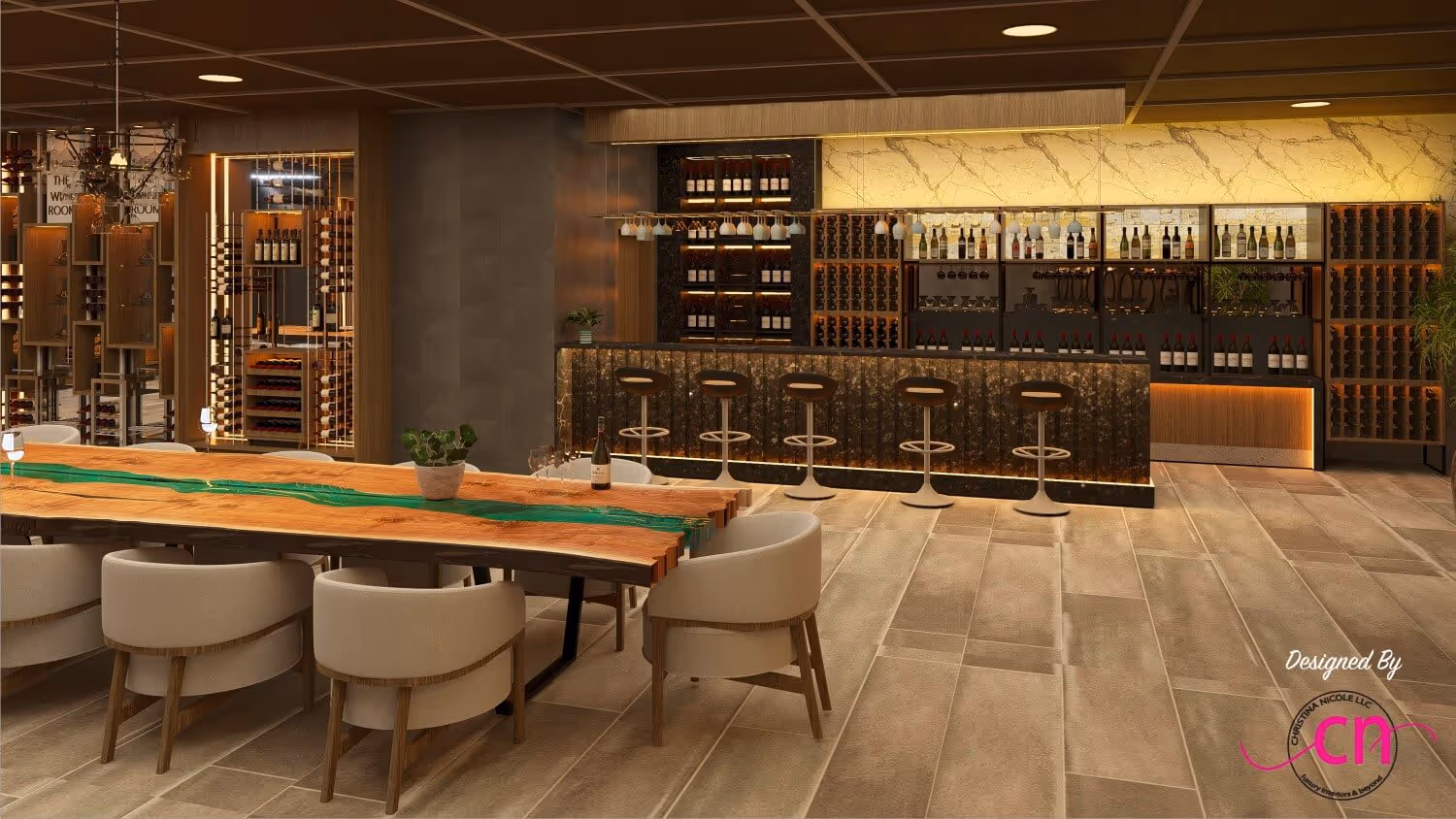 Luxurious modern wine bar with a wooden table featuring a green resin river and beige chairs, plus a bar counter with high stools and wine bottle displays.