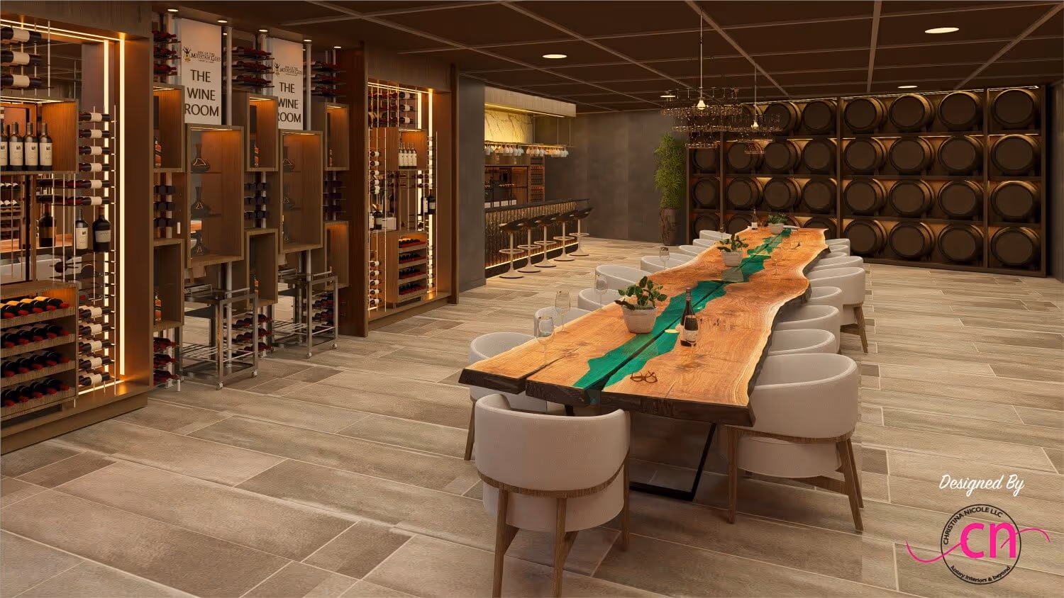 Modern wine room with wooden wine racks, barrel wall, and a long wooden table with green resin inlay surrounded by white chairs.
