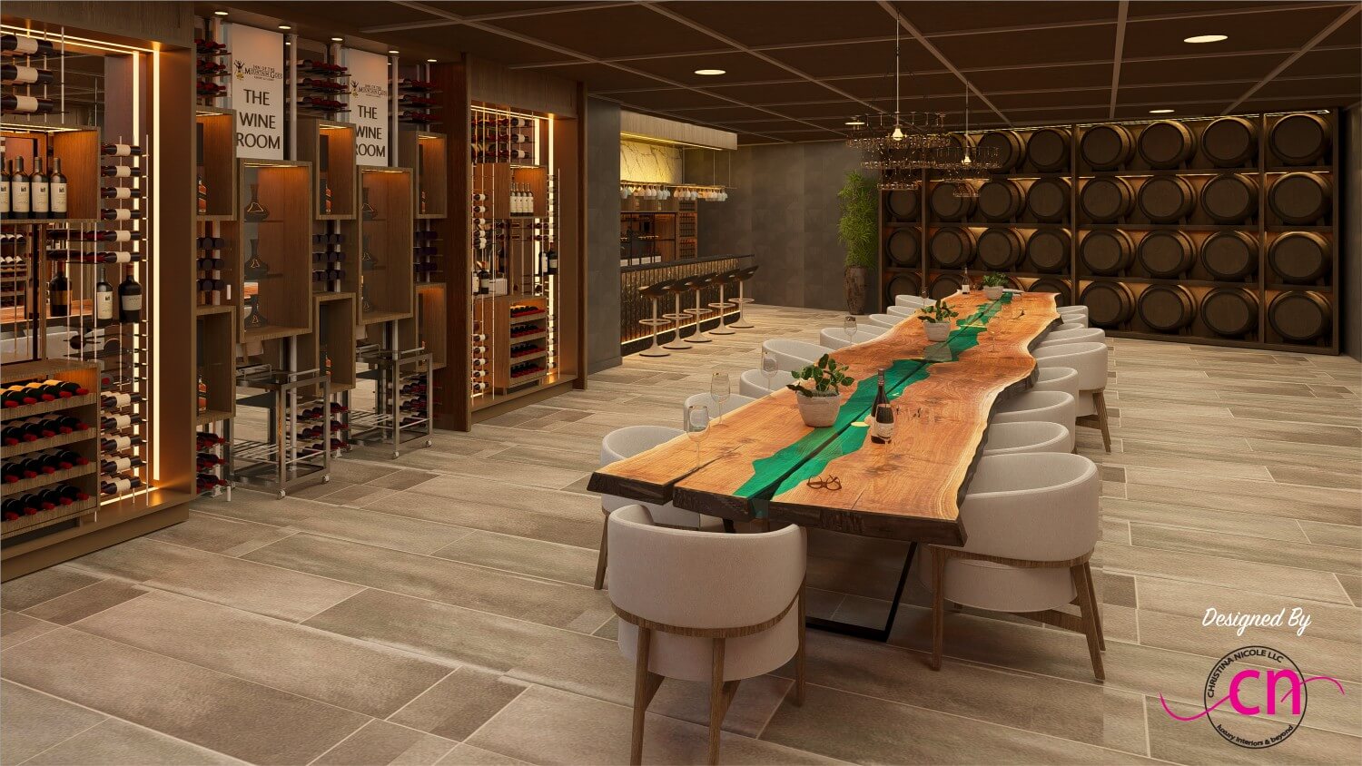 Modern wine room with wooden wine racks, barrel wall, and a long wooden table with green resin inlay surrounded by white chairs.