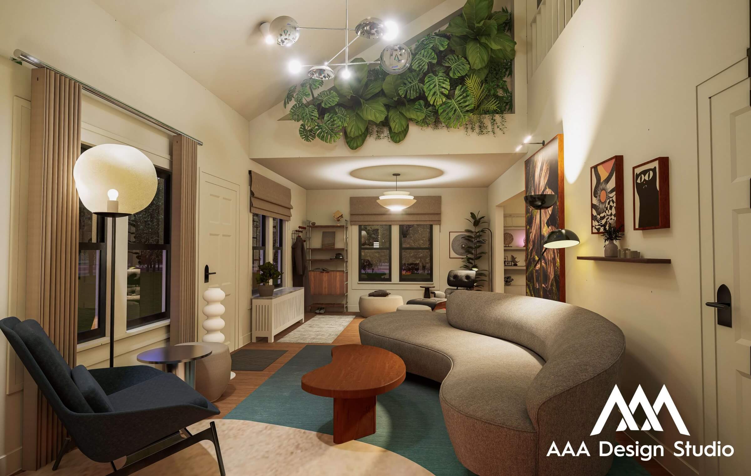 Modern living room with curved gray sofa, black armchair, wooden coffee table, green plants above, and various artwork on the walls.