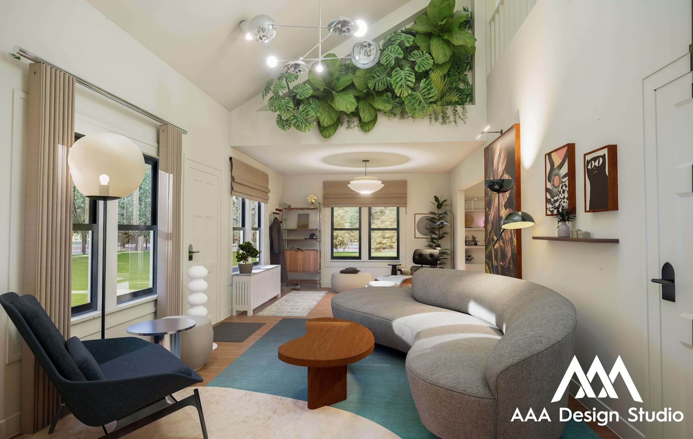 Modern living room with a curved gray sofa, black armchair, wooden coffee tables, large windows, and green plants hanging from the ceiling.