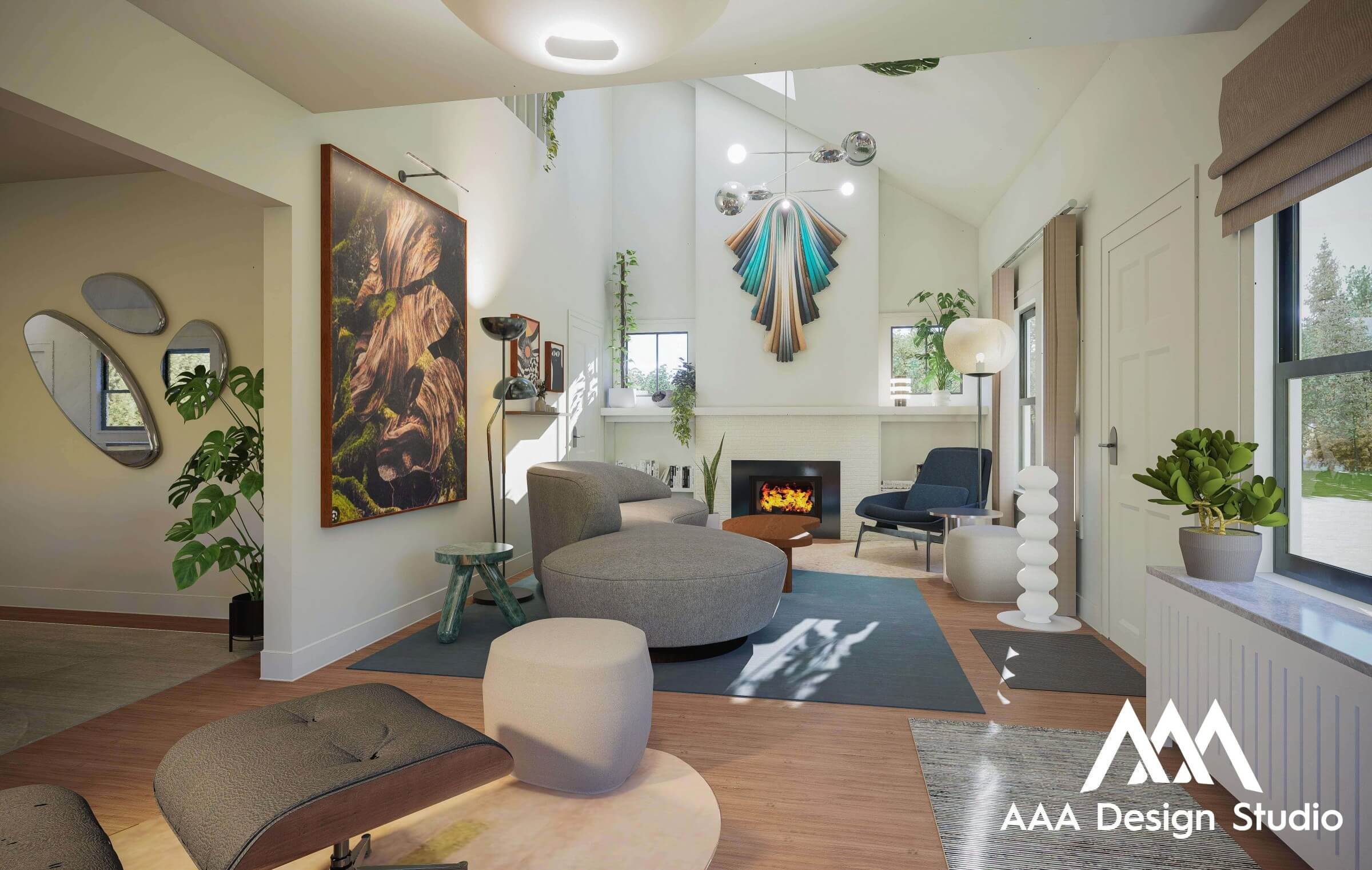 Modern living room with curved gray sofa, blue armchair, fireplace, large wall art, and multiple plants under natural light.