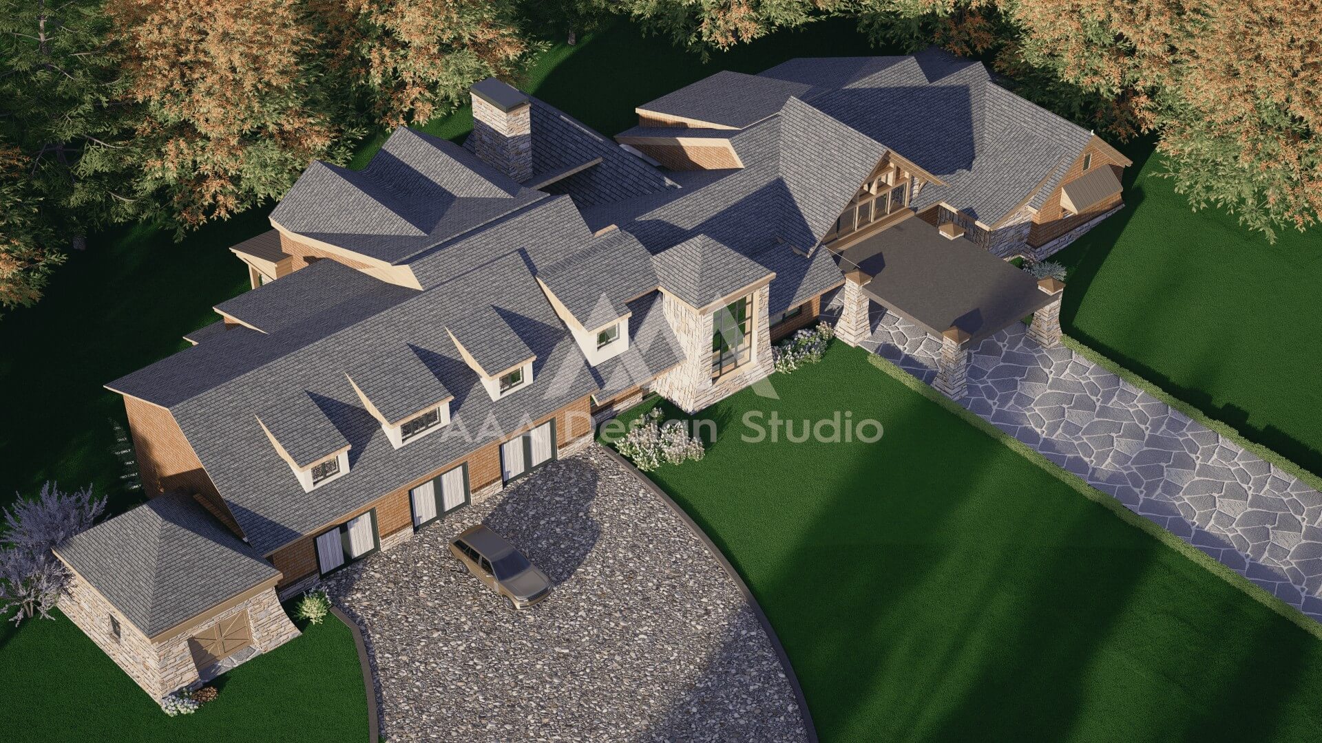 Modern living room with a curved gray sofa, black armchair, wooden coffee tables, large windows, and green plants hanging from the ceiling.