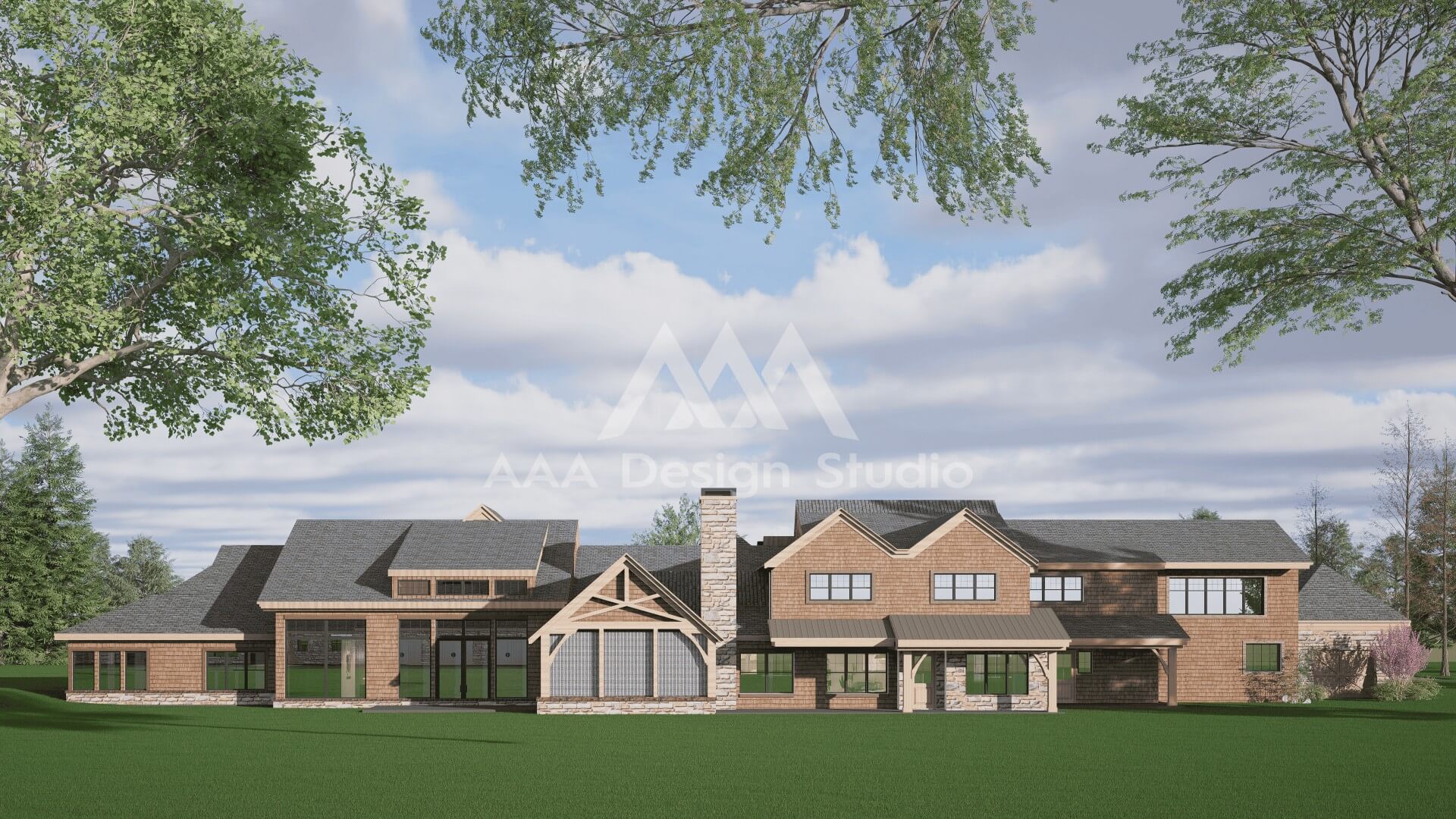 Modern living room with curved gray sofa, blue armchair, fireplace, large wall art, and multiple plants under natural light.