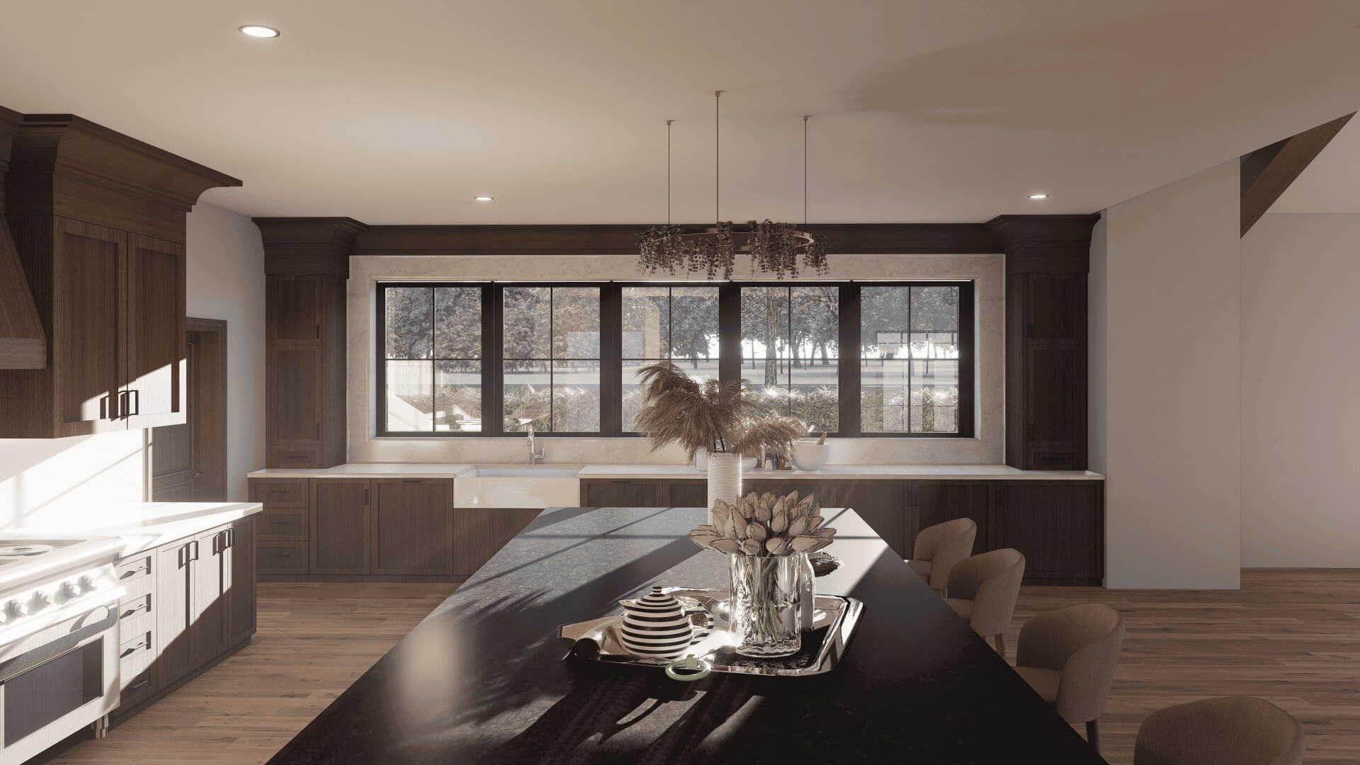 Modern living room with curved gray sofa, black armchair, wooden coffee table, green plants above, and various artwork on the walls.