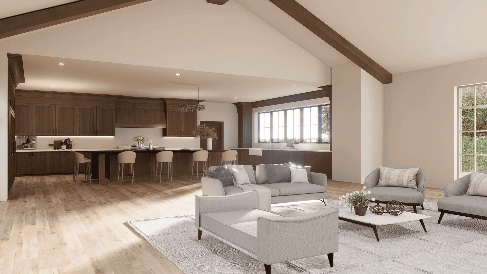 Modern living room with curved gray sofa, black armchair, wooden coffee table, green plants above, and various artwork on the walls.