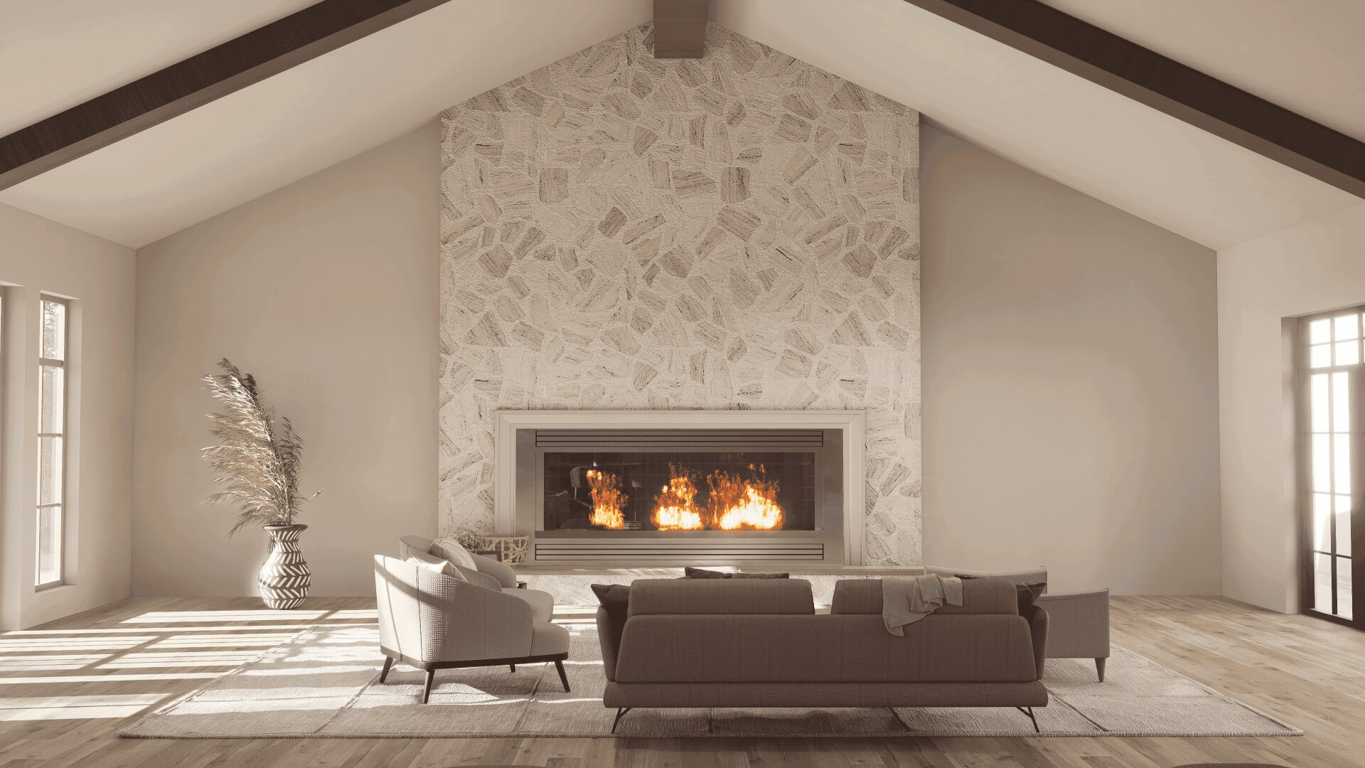 Modern living room with curved gray sofa, black armchair, wooden coffee table, green plants above, and various artwork on the walls.