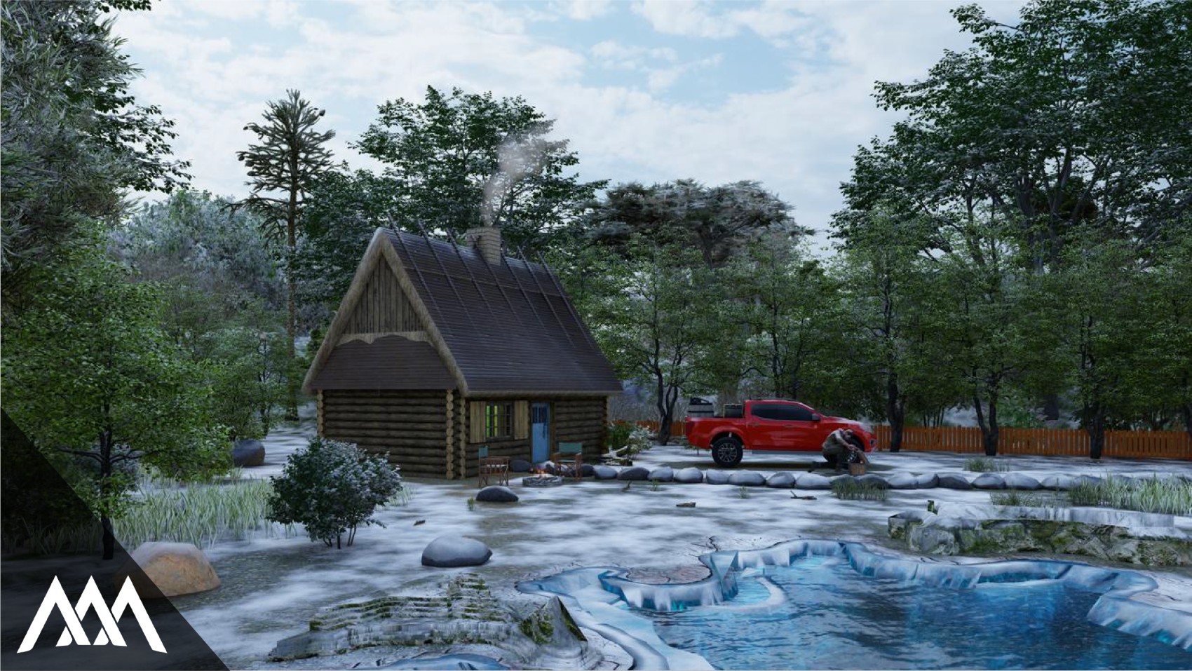 Log cabin with smoke coming from chimney in snowy forest near a red pickup truck and a partially frozen pond.