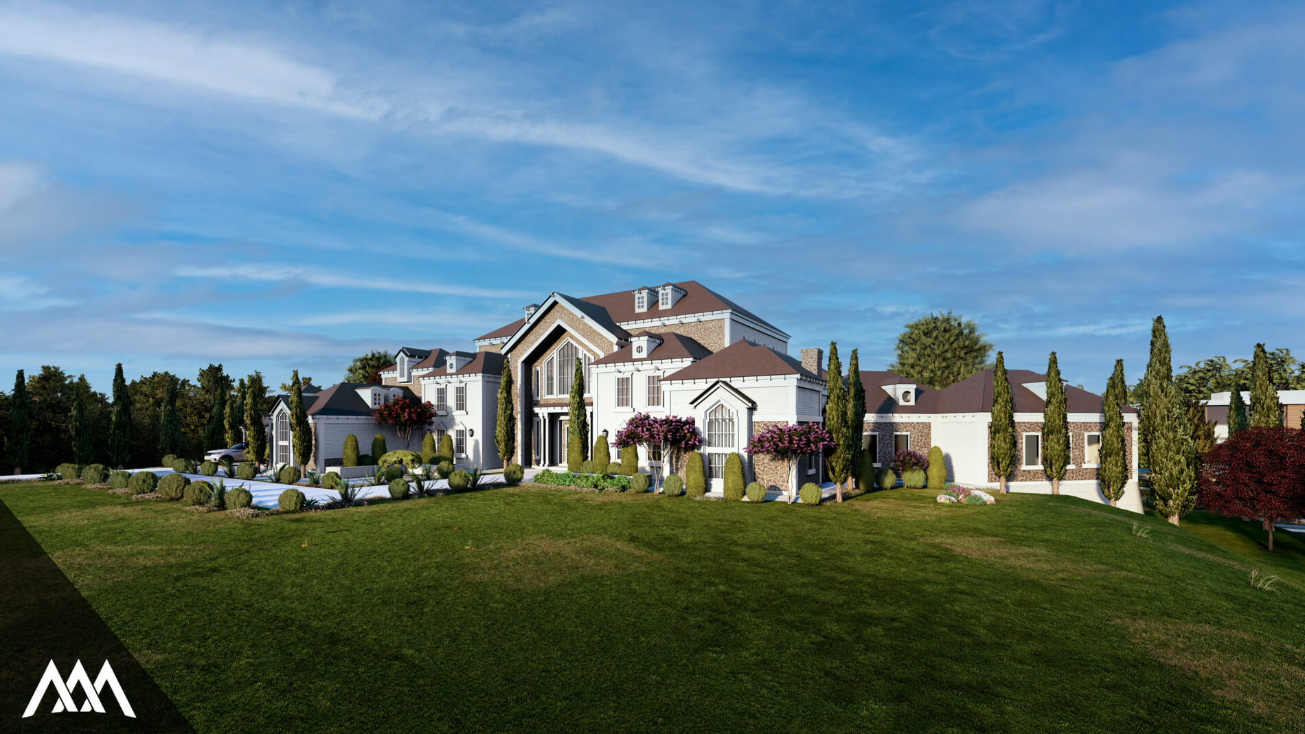Log cabin with smoke coming from chimney in snowy forest near a red pickup truck and a partially frozen pond.