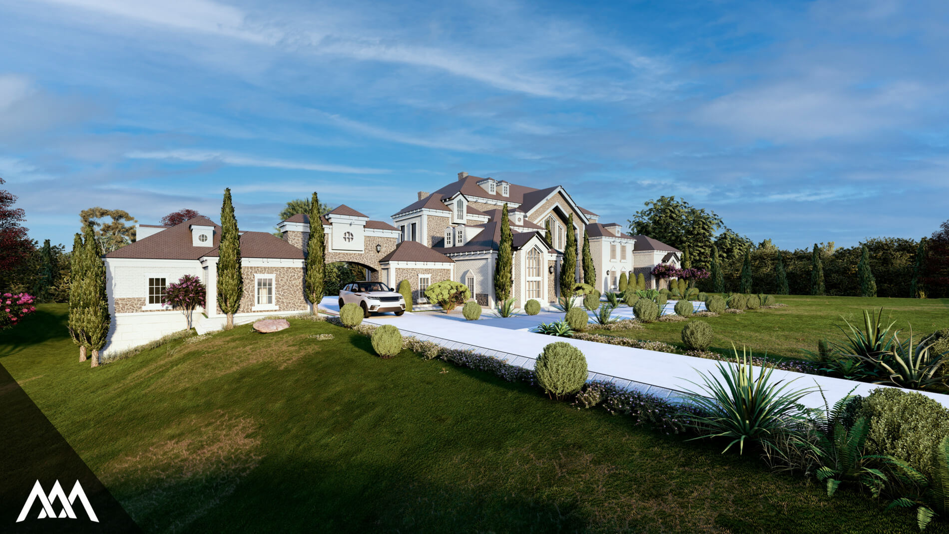 Log cabin with smoke coming from chimney in snowy forest near a red pickup truck and a partially frozen pond.