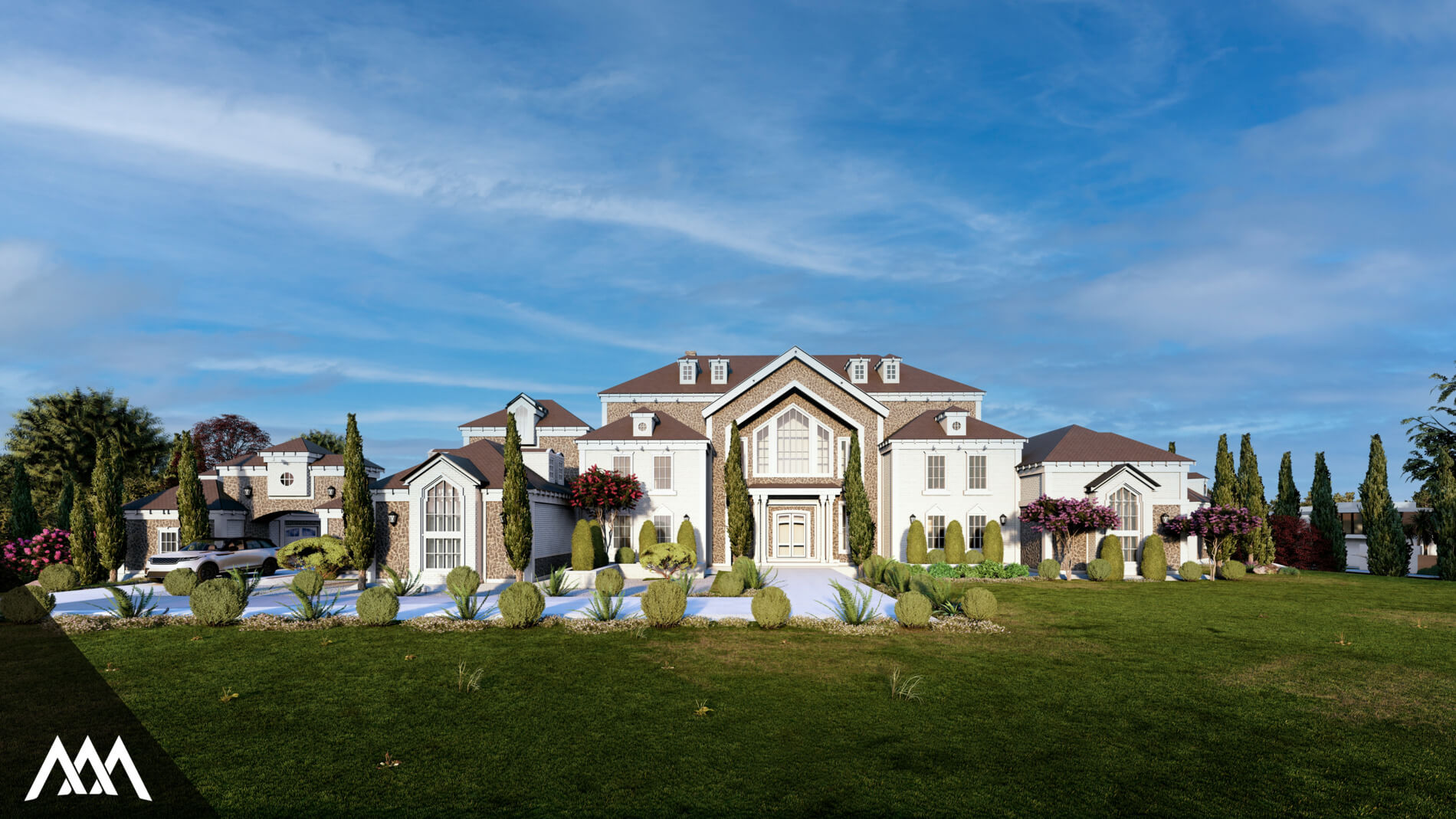 Log cabin with smoke coming from chimney in snowy forest near a red pickup truck and a partially frozen pond.
