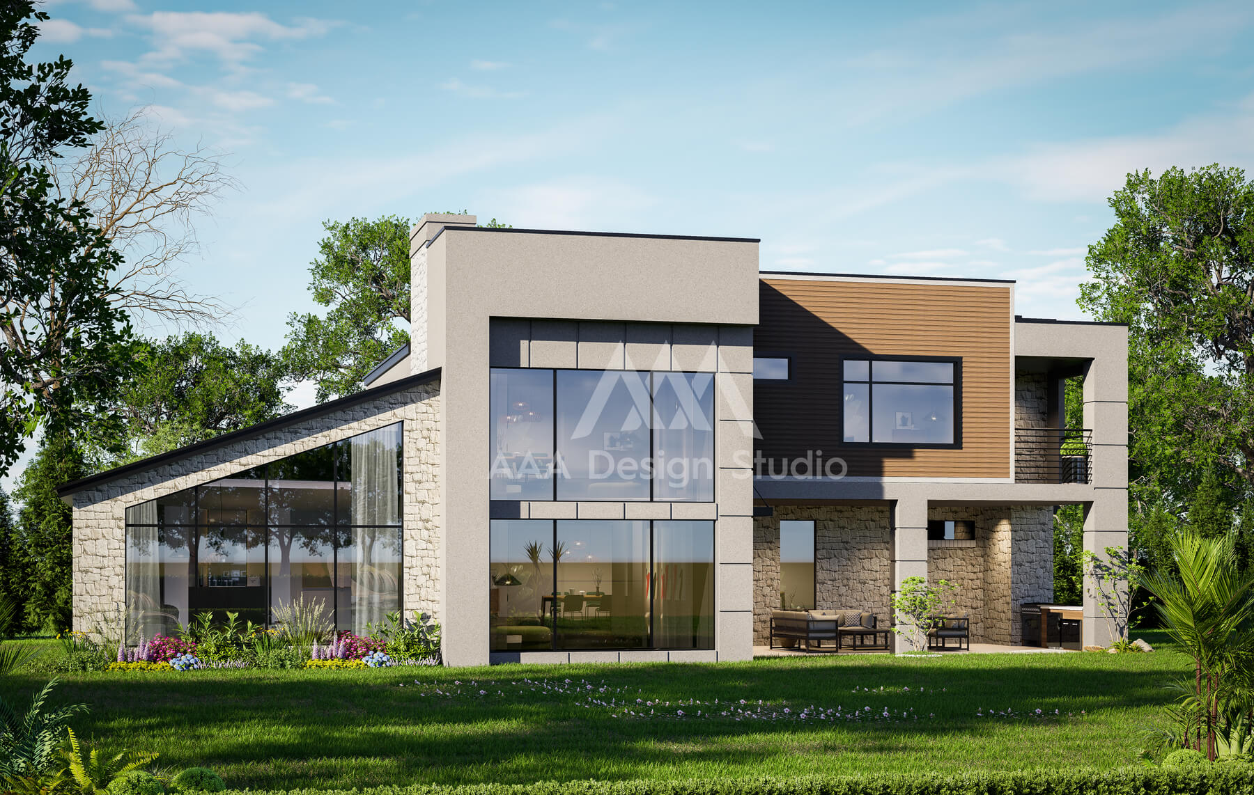 Log cabin with smoke coming from chimney in snowy forest near a red pickup truck and a partially frozen pond.