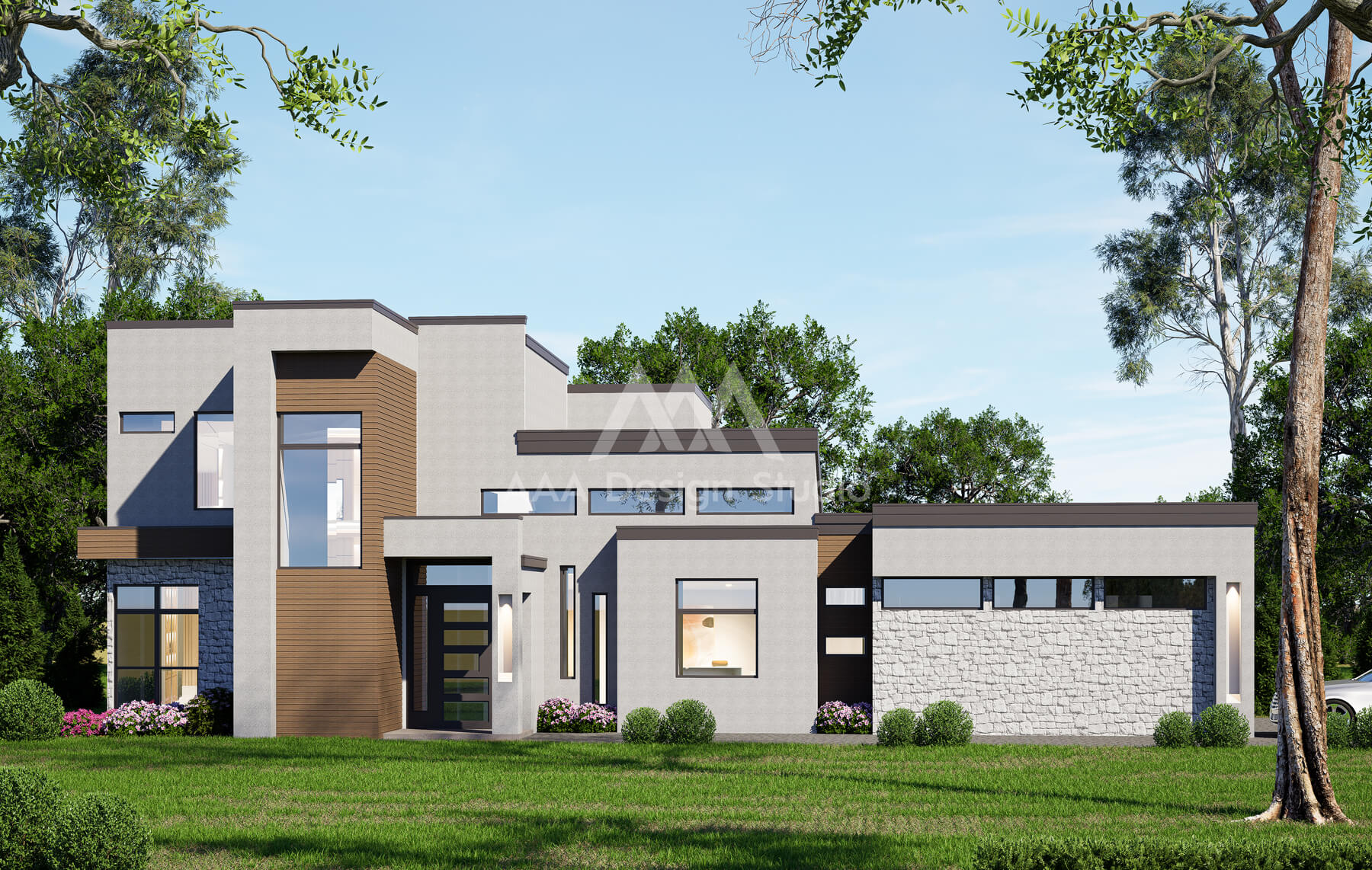Log cabin with smoke coming from chimney in snowy forest near a red pickup truck and a partially frozen pond.