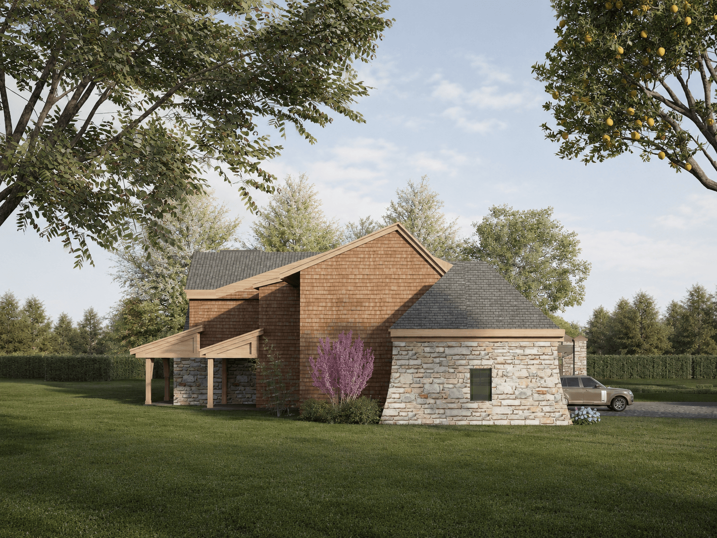 Side view of a house with stone and wood siding, surrounded by green grass and trees with a parked car.