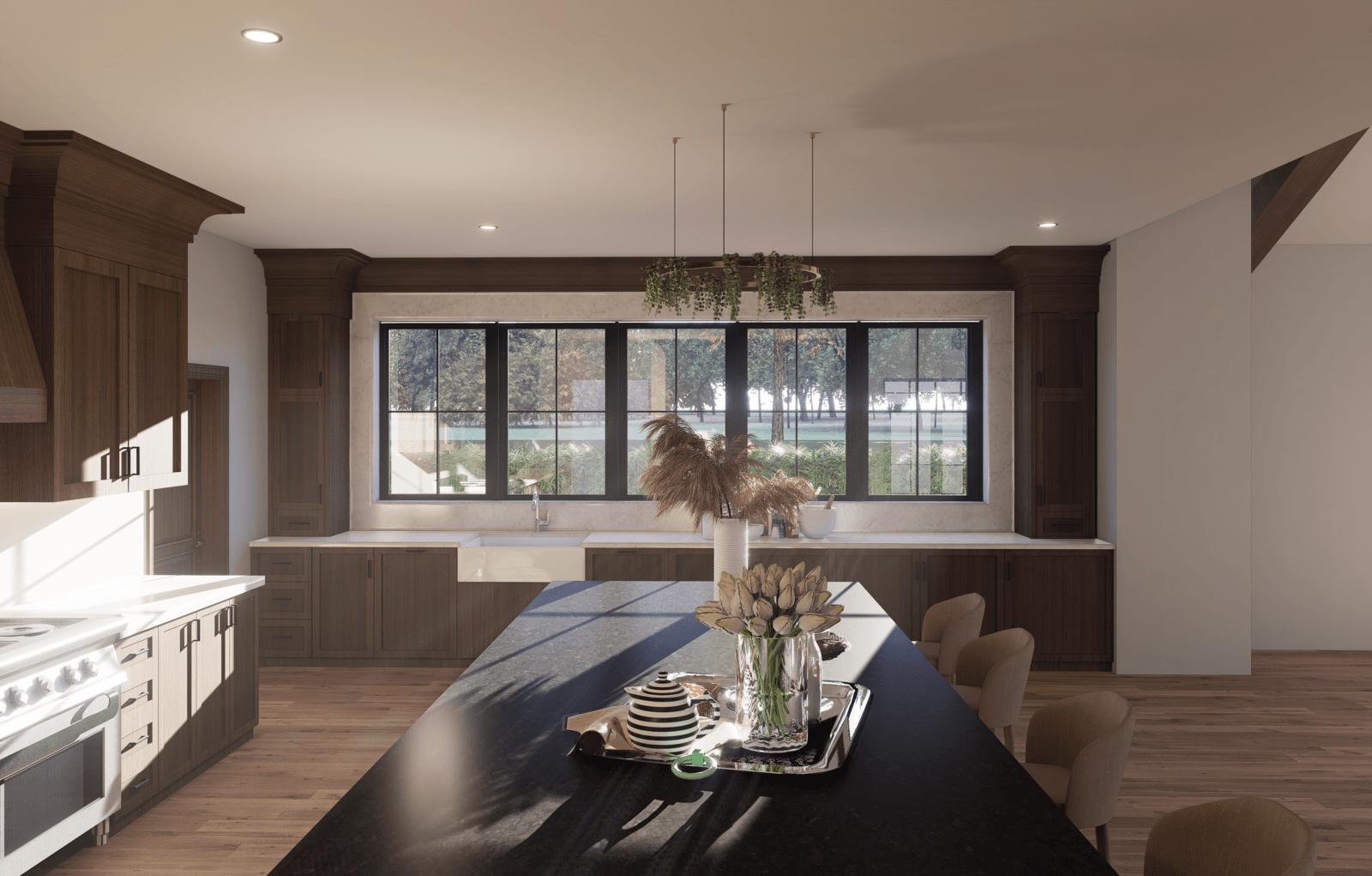 Modern kitchen with dark wood cabinets, large window, black island, and decorative vases on island counter.