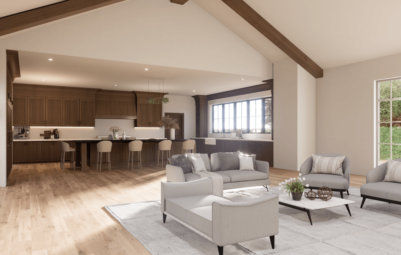 Modern dining area with round wooden table, green cushioned chairs, pendant light, and view into cozy living room with lounge chair and plant.