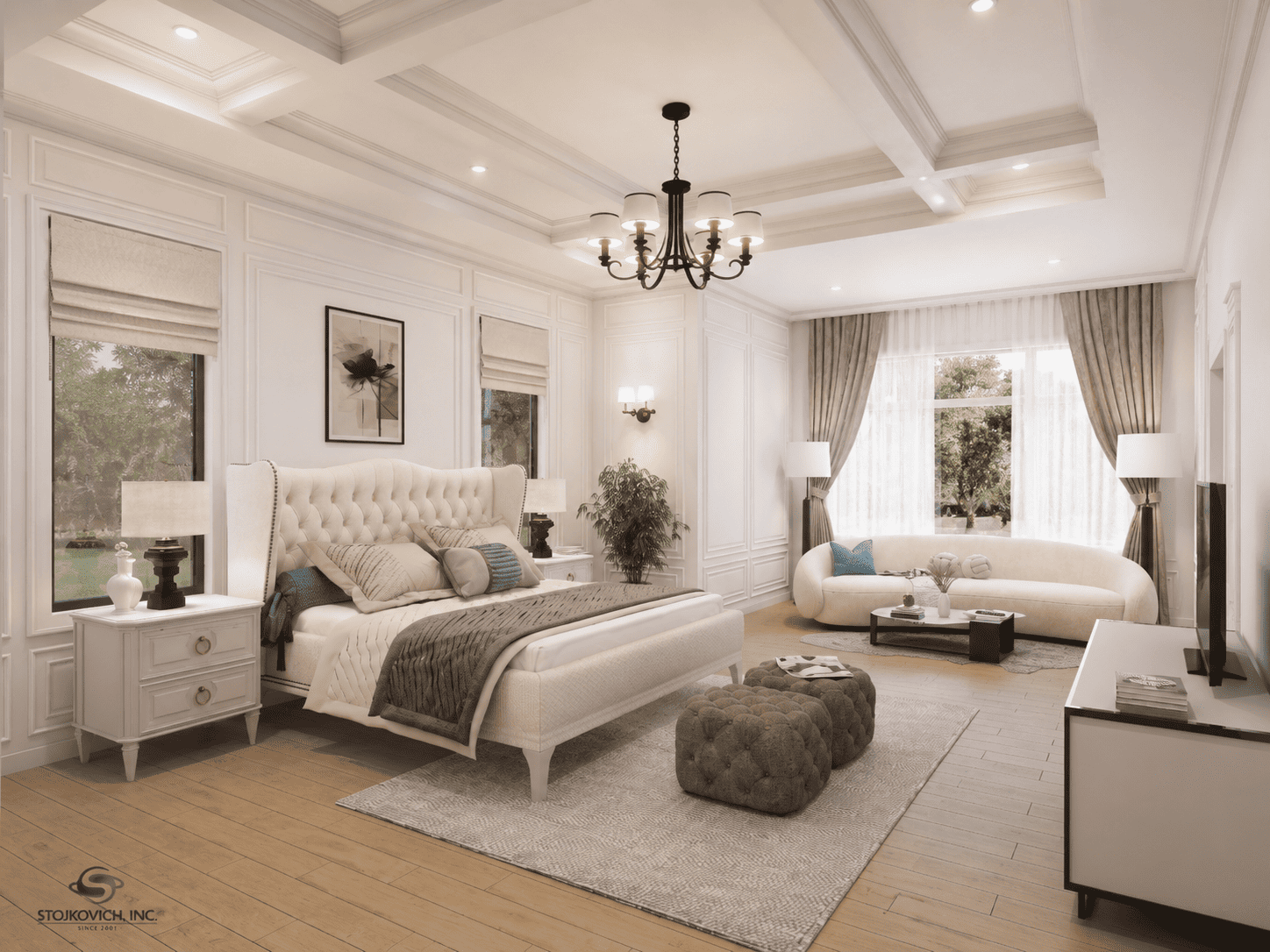 Modern living room with curved gray sofa, black armchair, wooden coffee table, green plants above, and various artwork on the walls.