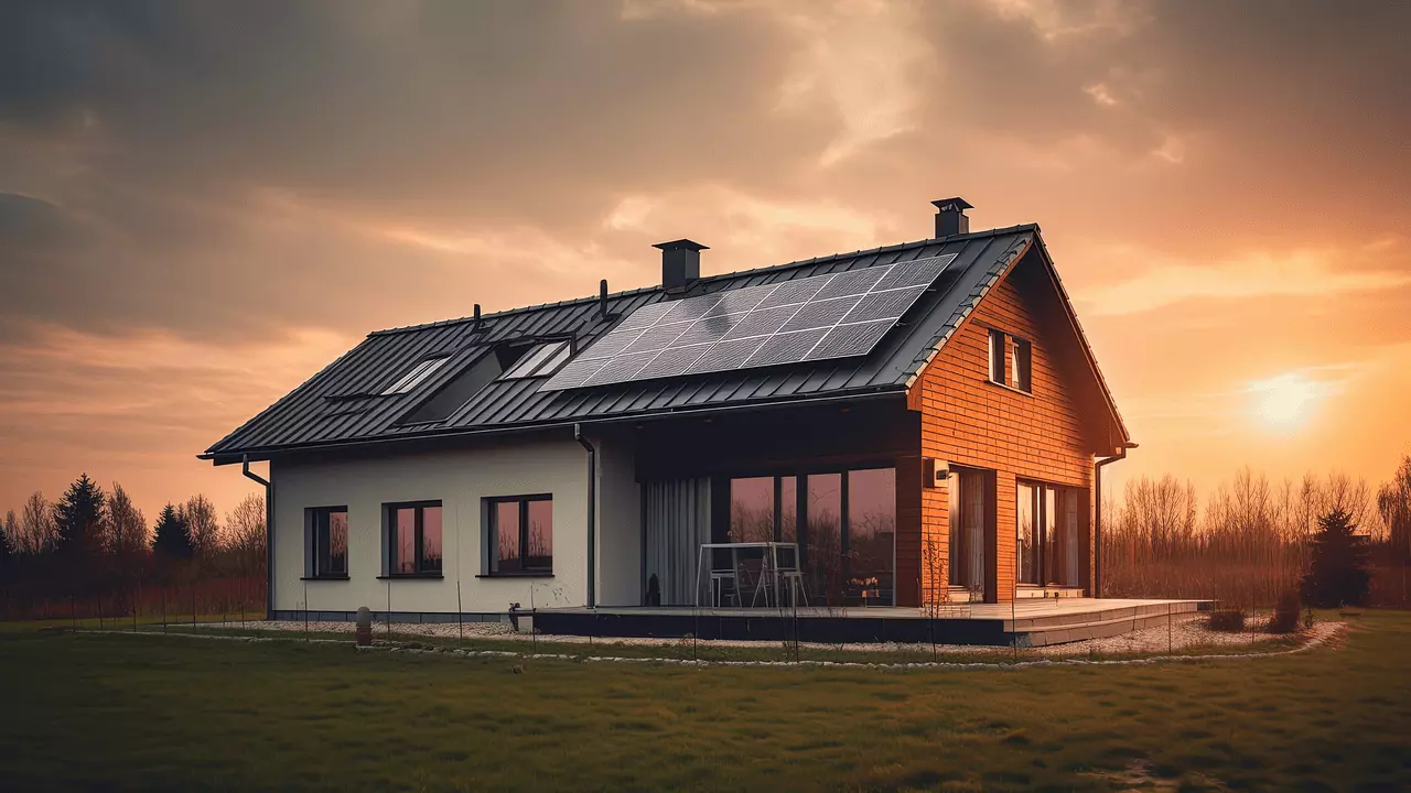 image de maison durable avec panneaux solaires et baies vitrées au coucher de soleil
