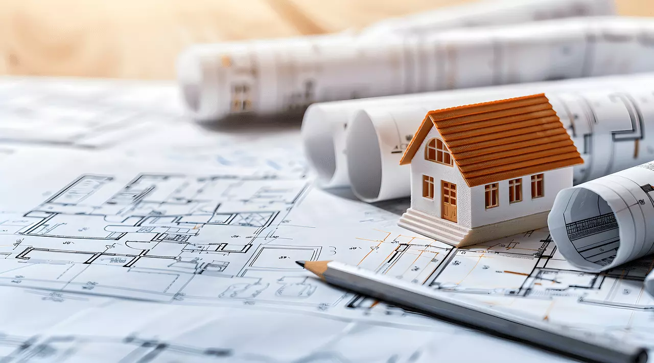 plan de maison avec un crayon de papier et une figurine de maison