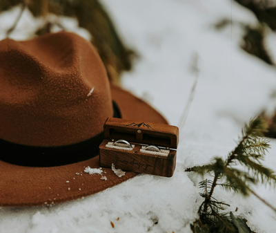 Chapeau feutre et bagues dans la neige au Refuge du Mont d’Arbois, ambiance élégante et festive.