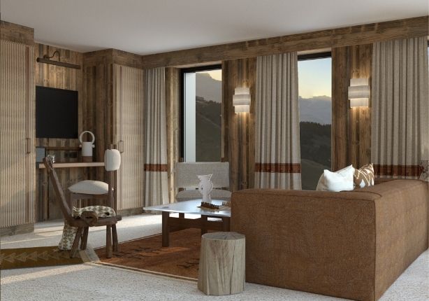 Comfortable living room of the Arbois suite, at the Refuge Chez la Tante in Saint-Gervais Megève
