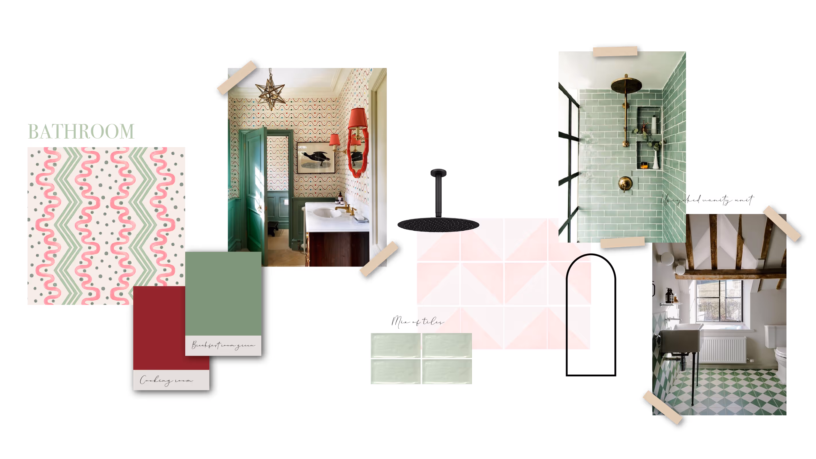 Bathroom design collage with patterned wallpaper, green and red paint swatches, pink and green tiles, and photos of vintage and modern green-tiled bathrooms.