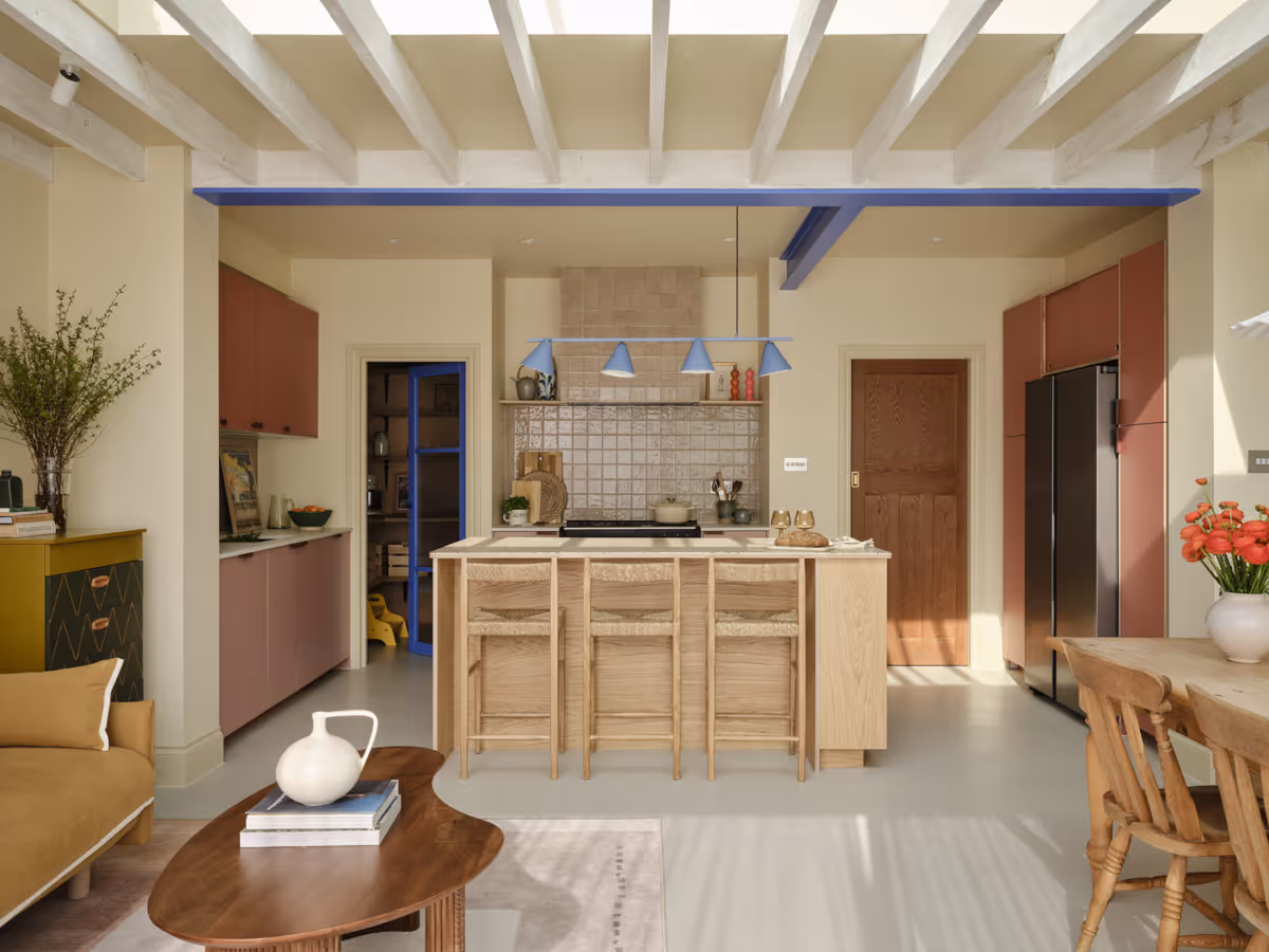 Preview of the Queensville Road project. A light filled pale blue kitchen with high quality cabinetry and beautiful aluminium French doors