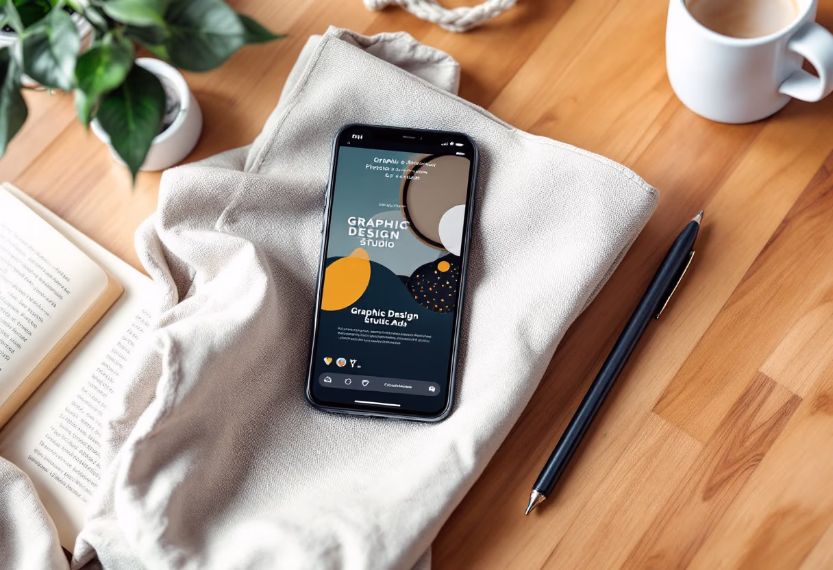 [digital project] image of a mobile device with a social media ad (for a graphic design studio)