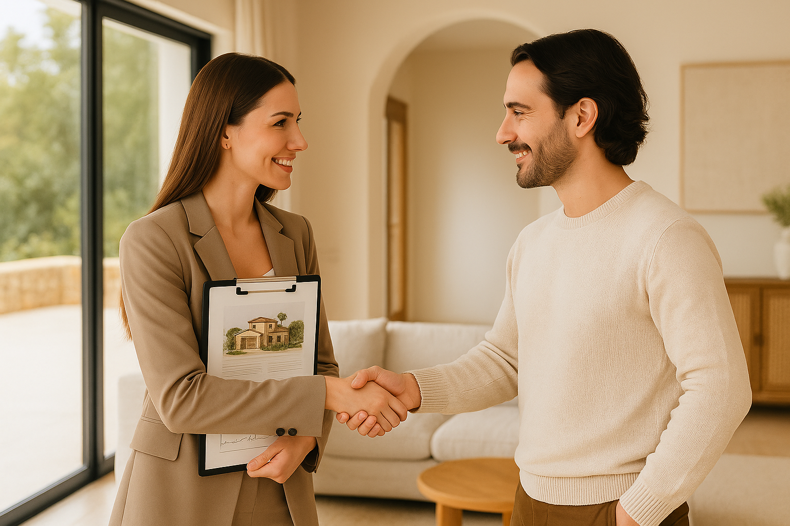 Cliente revisando su propiedad con una asesora de Swomey en una oficina luminosa