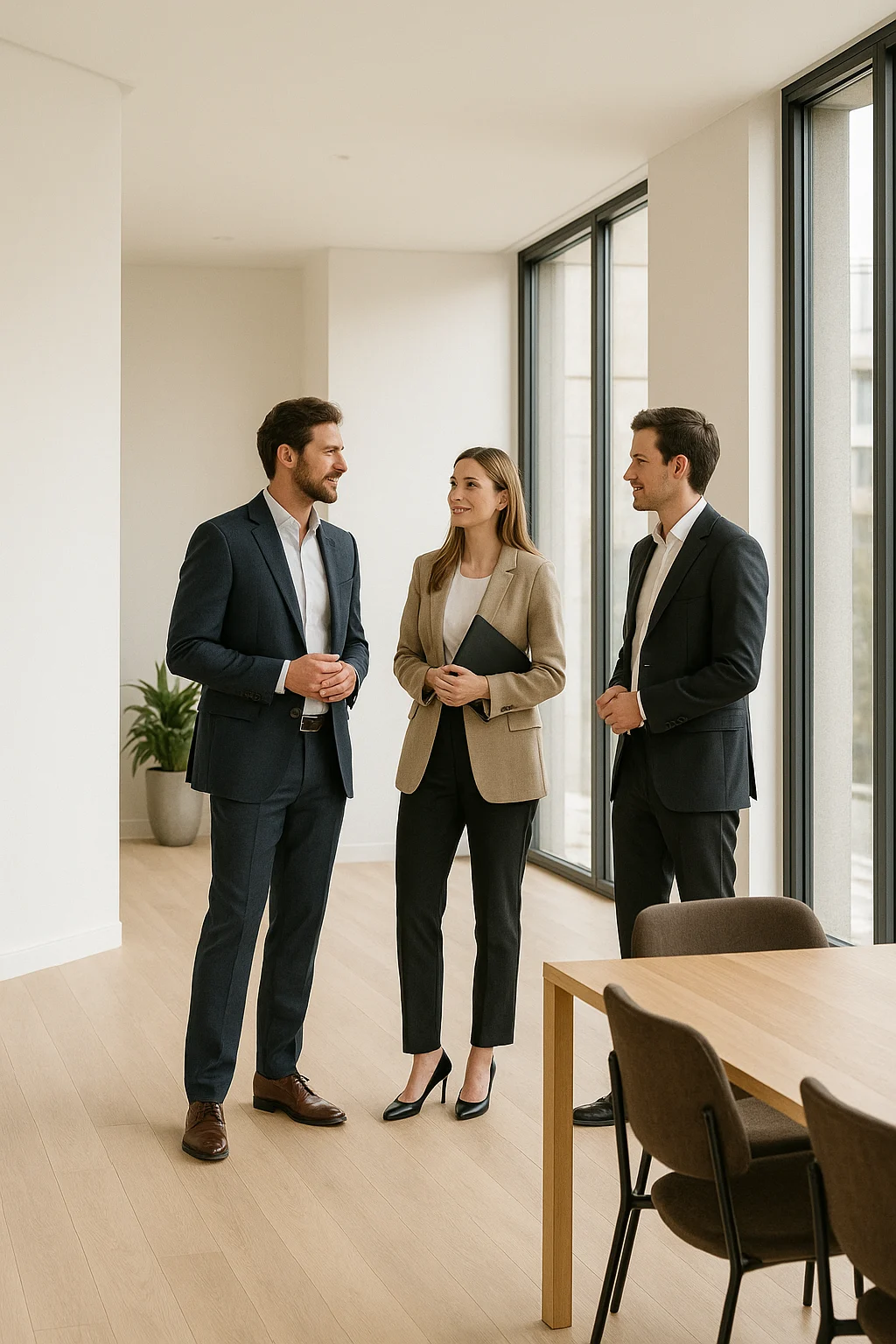 Equipo inmobiliario Swomey conversando en un interior luminoso