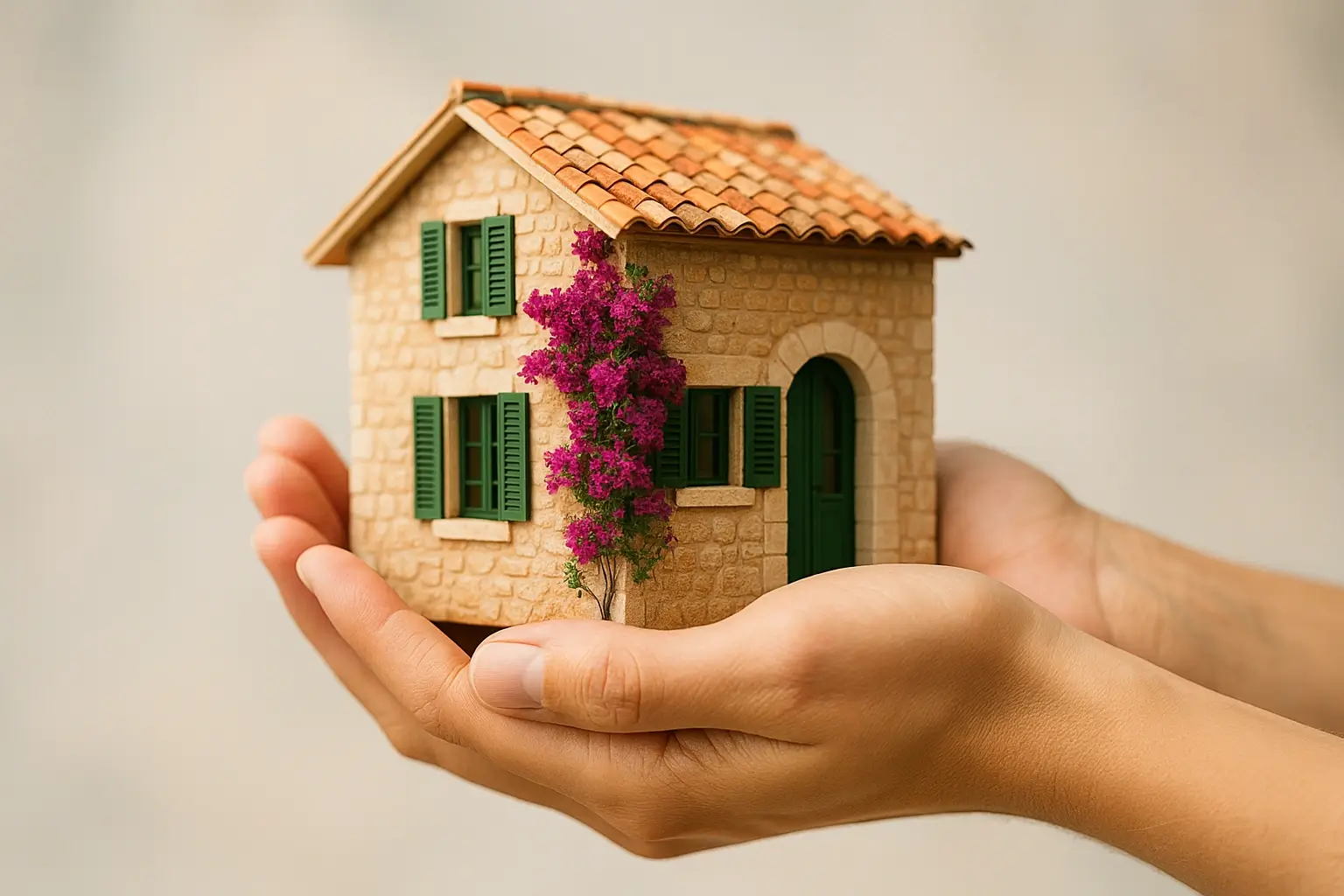 Casa mallorquina entre manos, teja árabe y persianas verdes