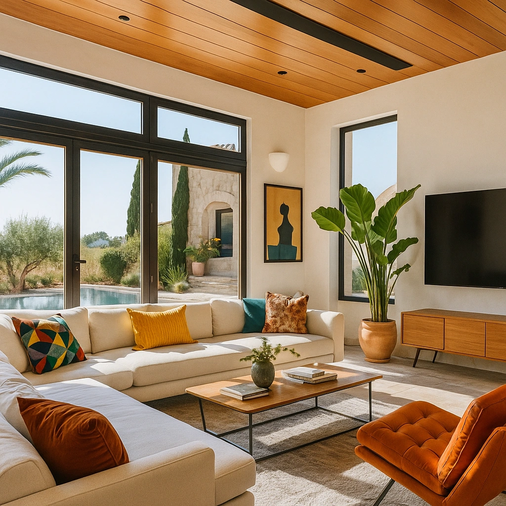 Salón mediterráneo luminoso en Mallorca: madera cálida, textiles coloridos y vegetación