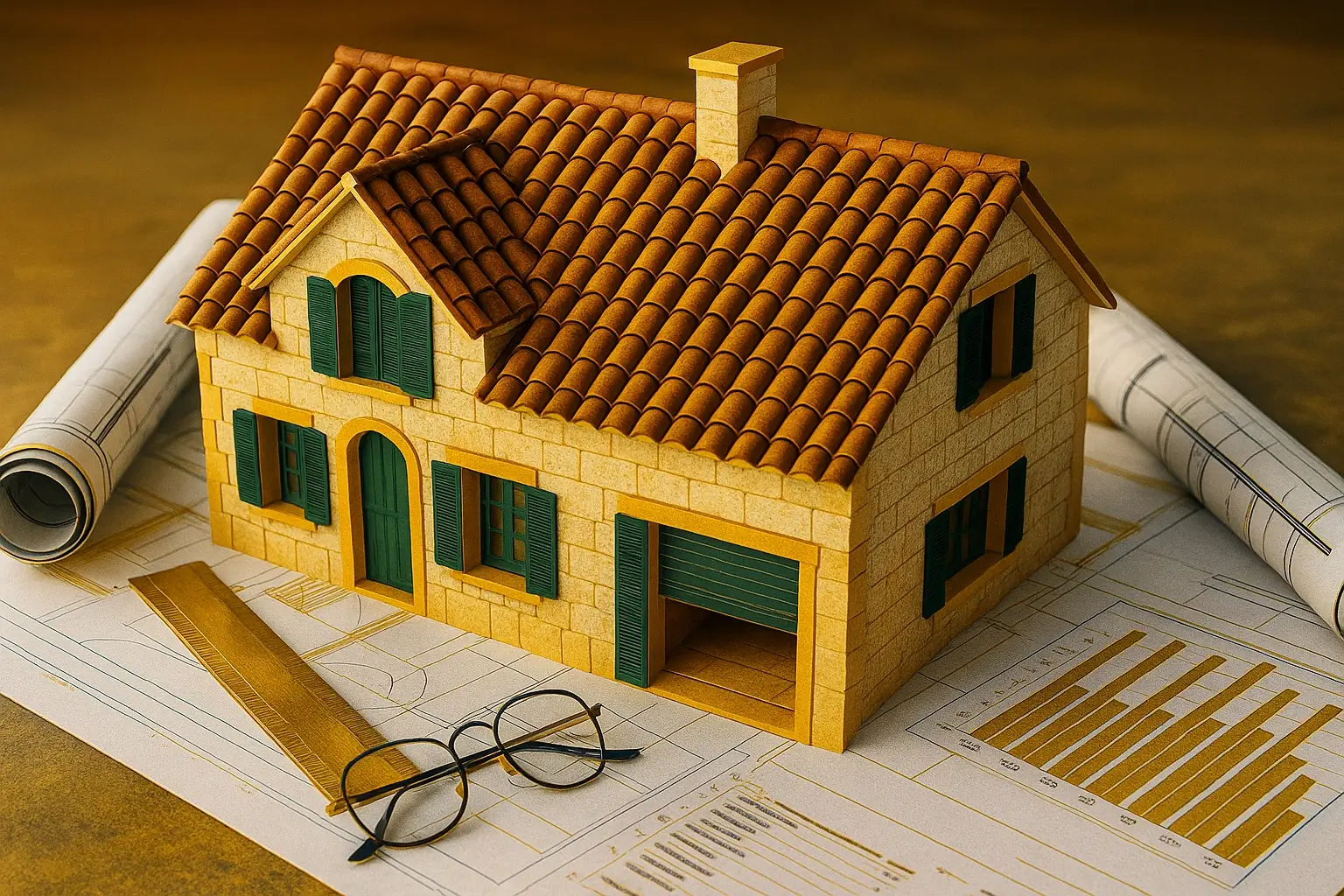 Casa mallorquina en proyecto de reforma con planos arquitectónicos y materiales elegantes