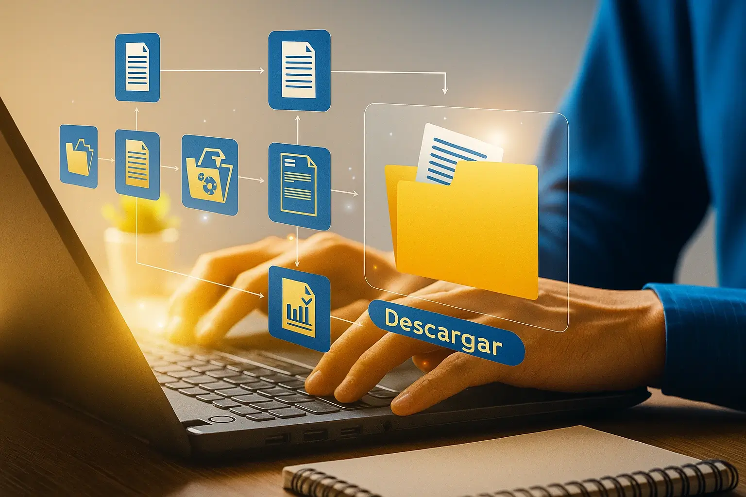 Mesa de despacho elegante con documentos Swomey y luz mediterránea