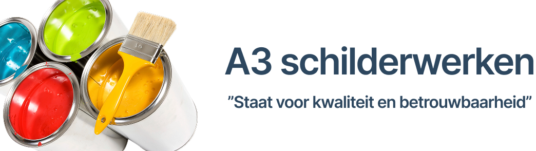 Vier open verfblikken in rood, blauw, groen en geel met een kwast, naast de tekst “A3 schilderwerken – Staat voor kwaliteit en betrouwbaarheid”.