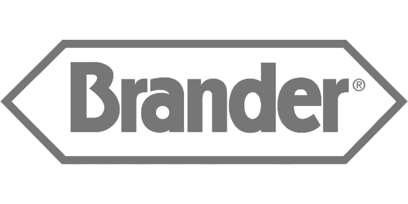 Een grijs logo met de tekst Brander.