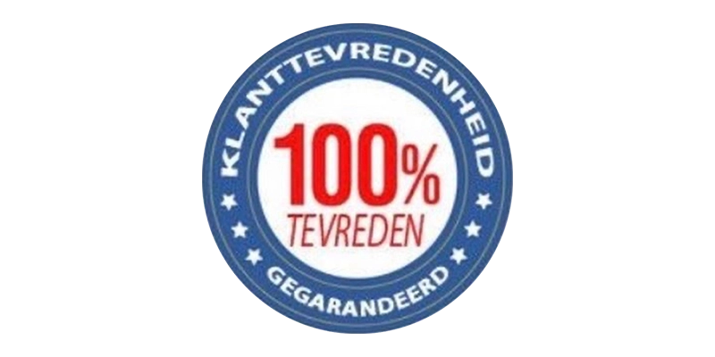 Een ronde badge met de tekst 100% klanttevredenheid.