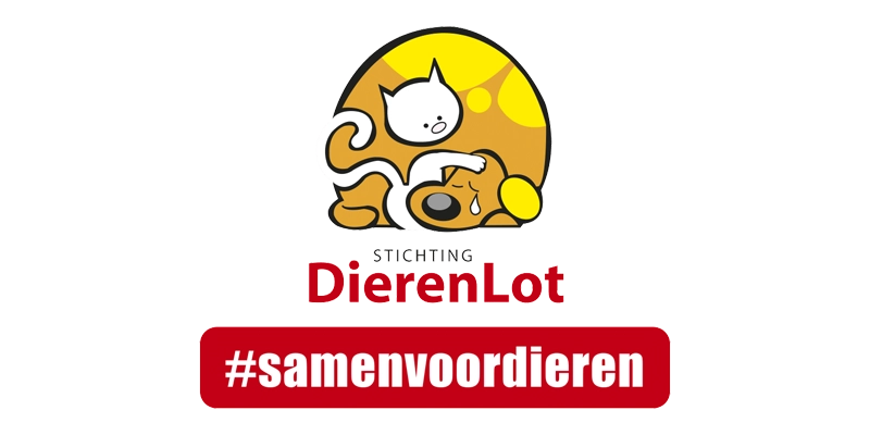 Een kat die een hond knuffelt met een zon op de achtergrond. Daaronder staat de tekst Stichting Dierenlot #samenvoordieren.