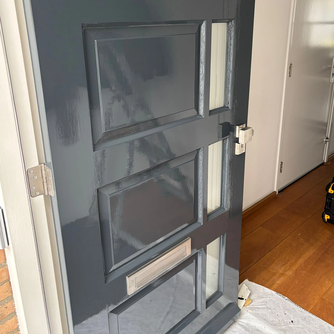 Glanzend grijze gelakte voordeur met klassieke panelen en glas.