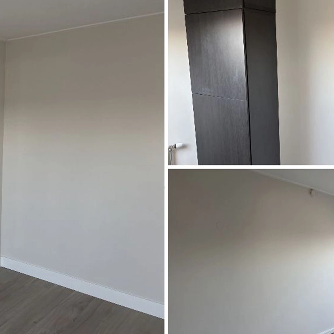 Collage van drie foto’s met egaal wit gespoten muren, witte plinten en een donkergrijze kast in een moderne kamer.