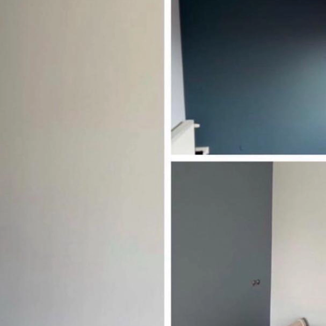 Strak gespoten muren in neutrale en blauwe tinten voor een moderne, frisse uitstraling in huis.