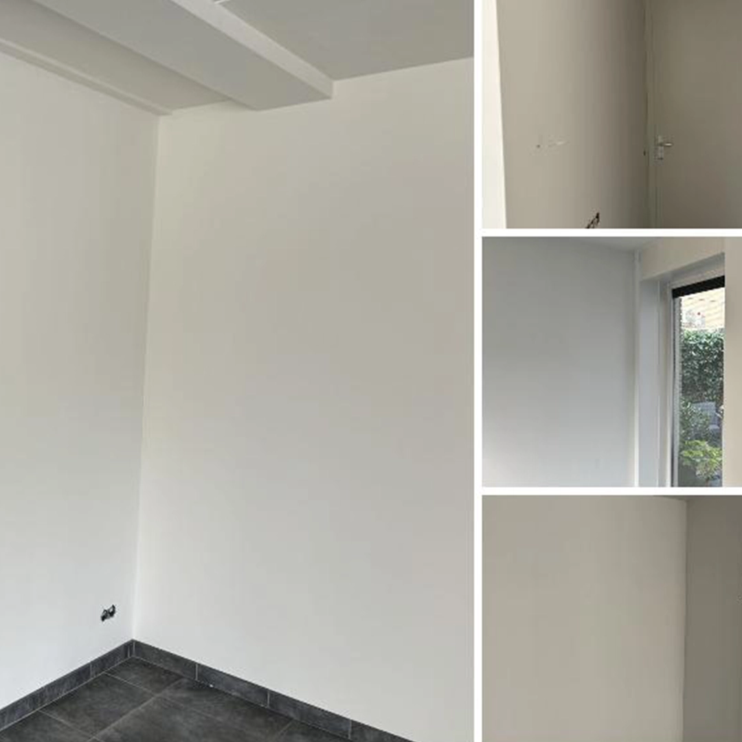 Strak gespoten witte muren zorgen voor een fris en egaal eindresultaat in deze woning.
