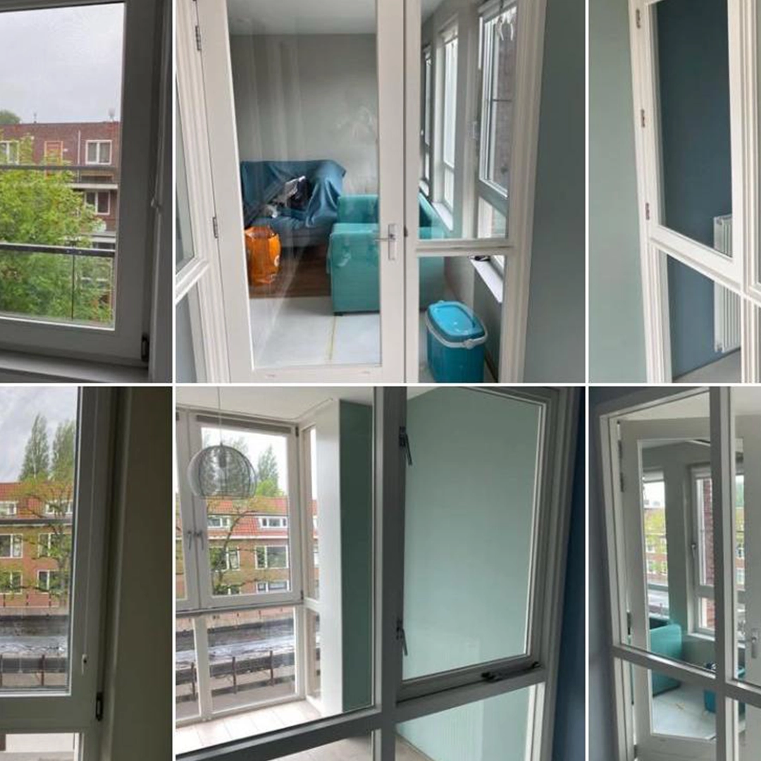 Collage van een gerenoveerde woonruimte met witte kozijnen en fris geschilderde muren in blauw- en groentinten, waarin meerdere ramen en glazen deuren zorgen voor veel daglicht en een helder uitzicht op een rustige woonwijk met rode daken, groene bomen en een watergang.