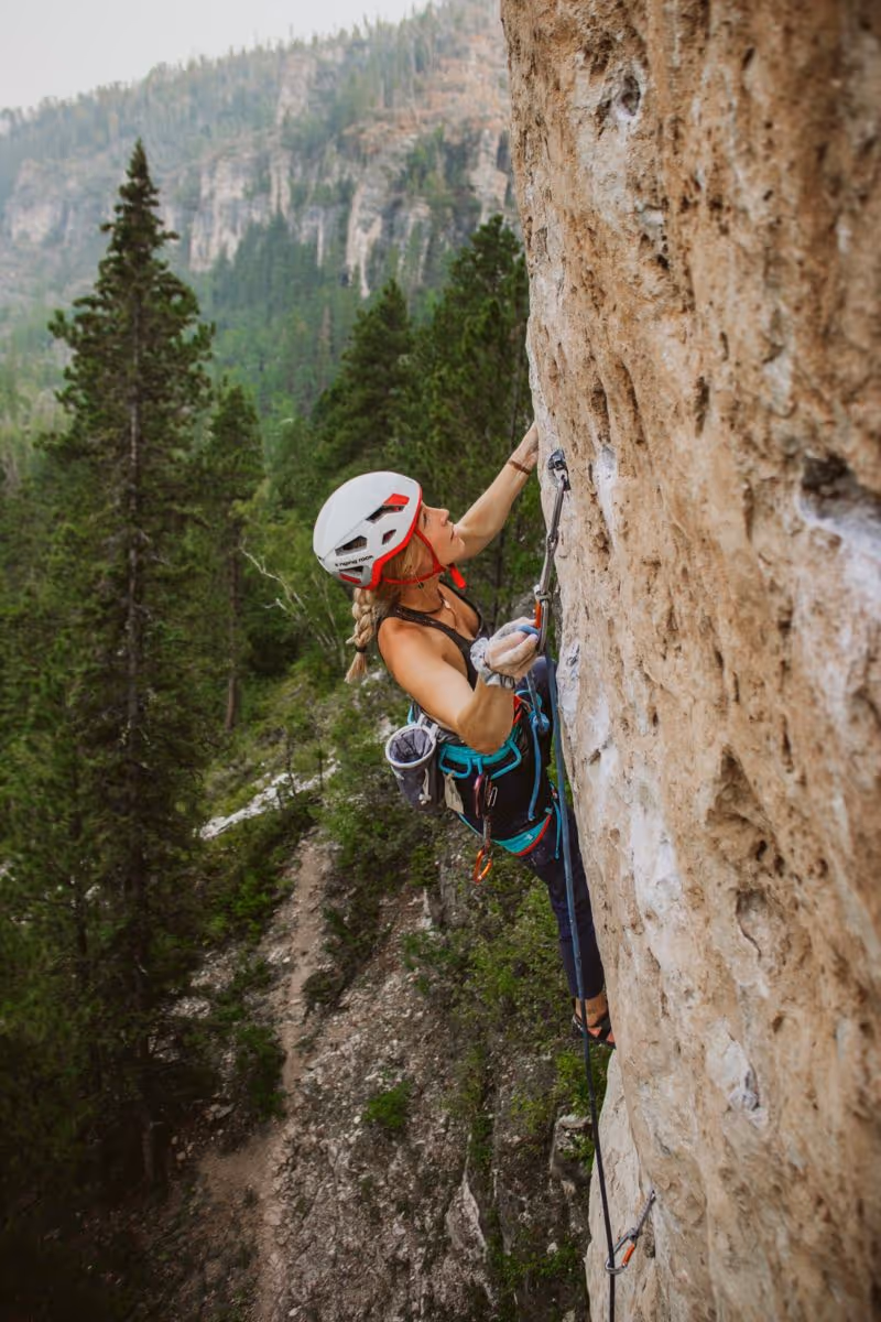 Femme en escalade sur une paroi rocheuse avec une forêt en arrière-plan.