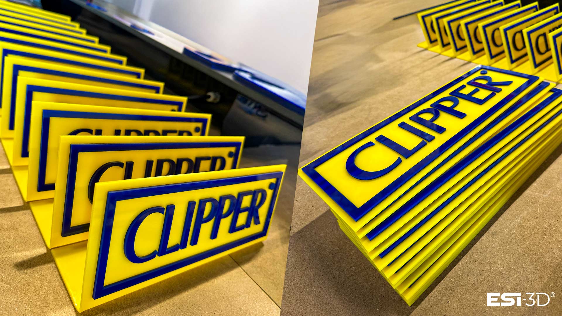 Enseigne en PMMA jaune pour PLV avec pliage à chaud à 90 dégré