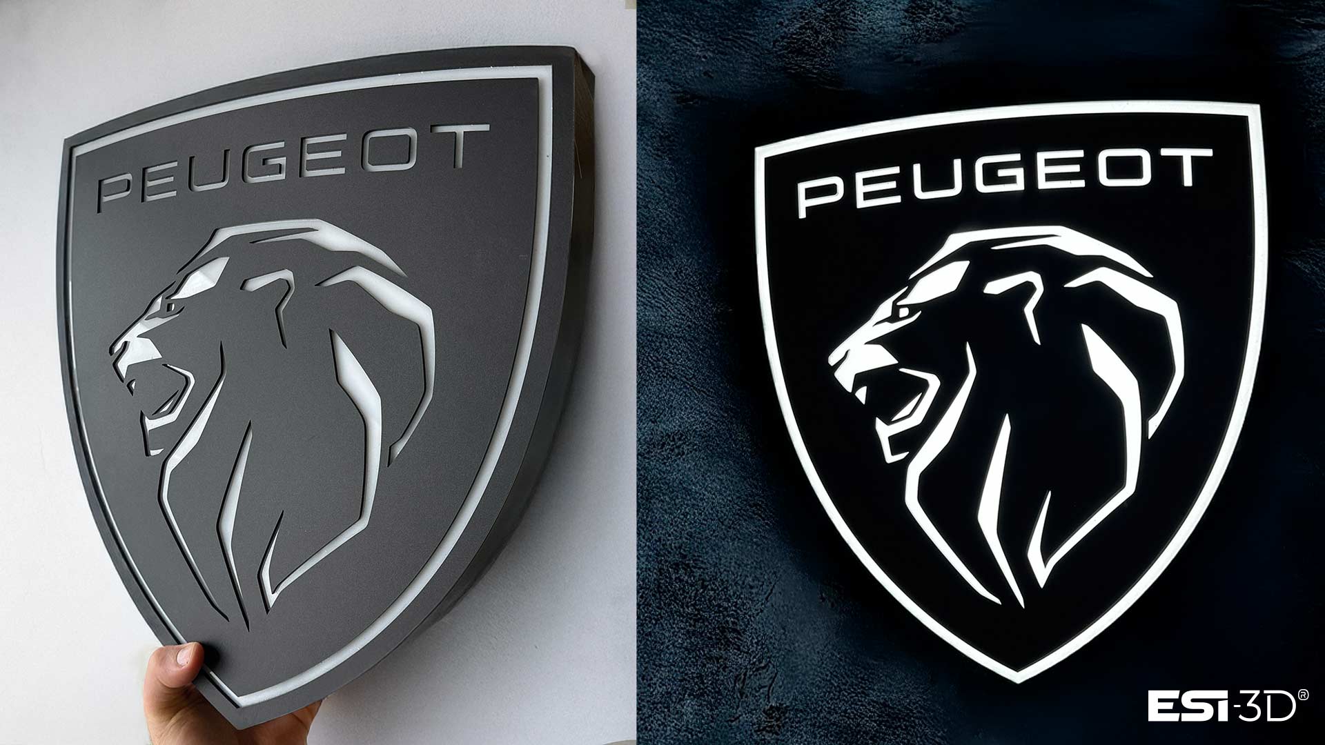 Fabrication d’enseignes caissons rétroéclairées combinant impression 3D et découpe laser pour des points de vente PEUGEOT.