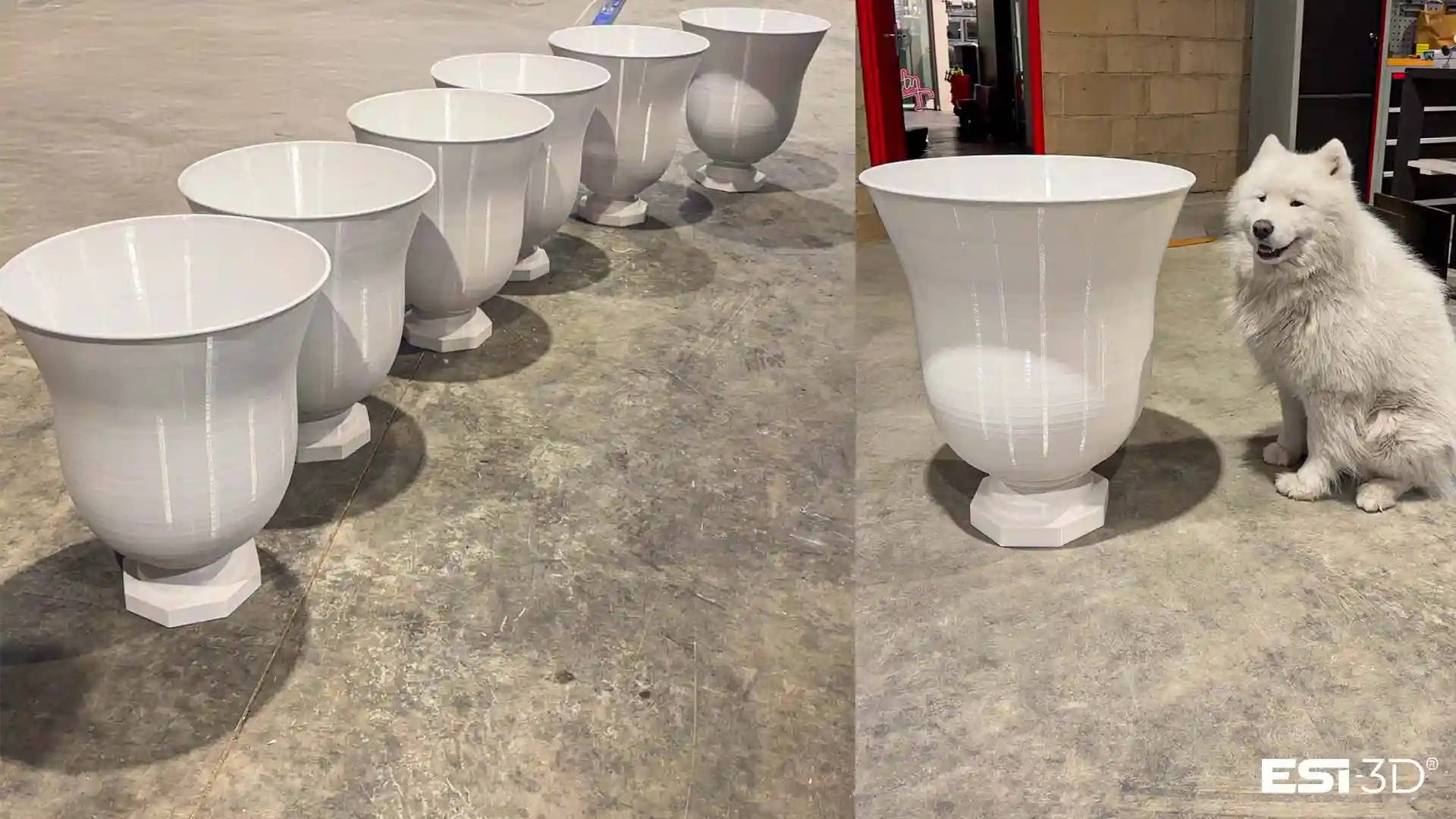 Lot de vases grand format réalisés en impression 3D XXL, conçus pour servir d’objets de décor dans une production cinématographique Netflix et TF1