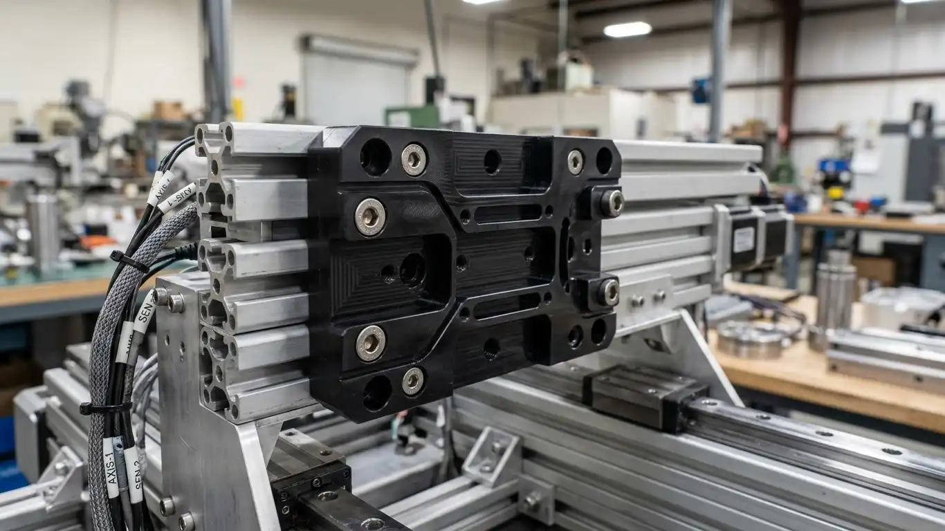 Pièce mécanique en POM usinée par fraisage CNC, intégrée comme interface technique dans un ensemble industriel.