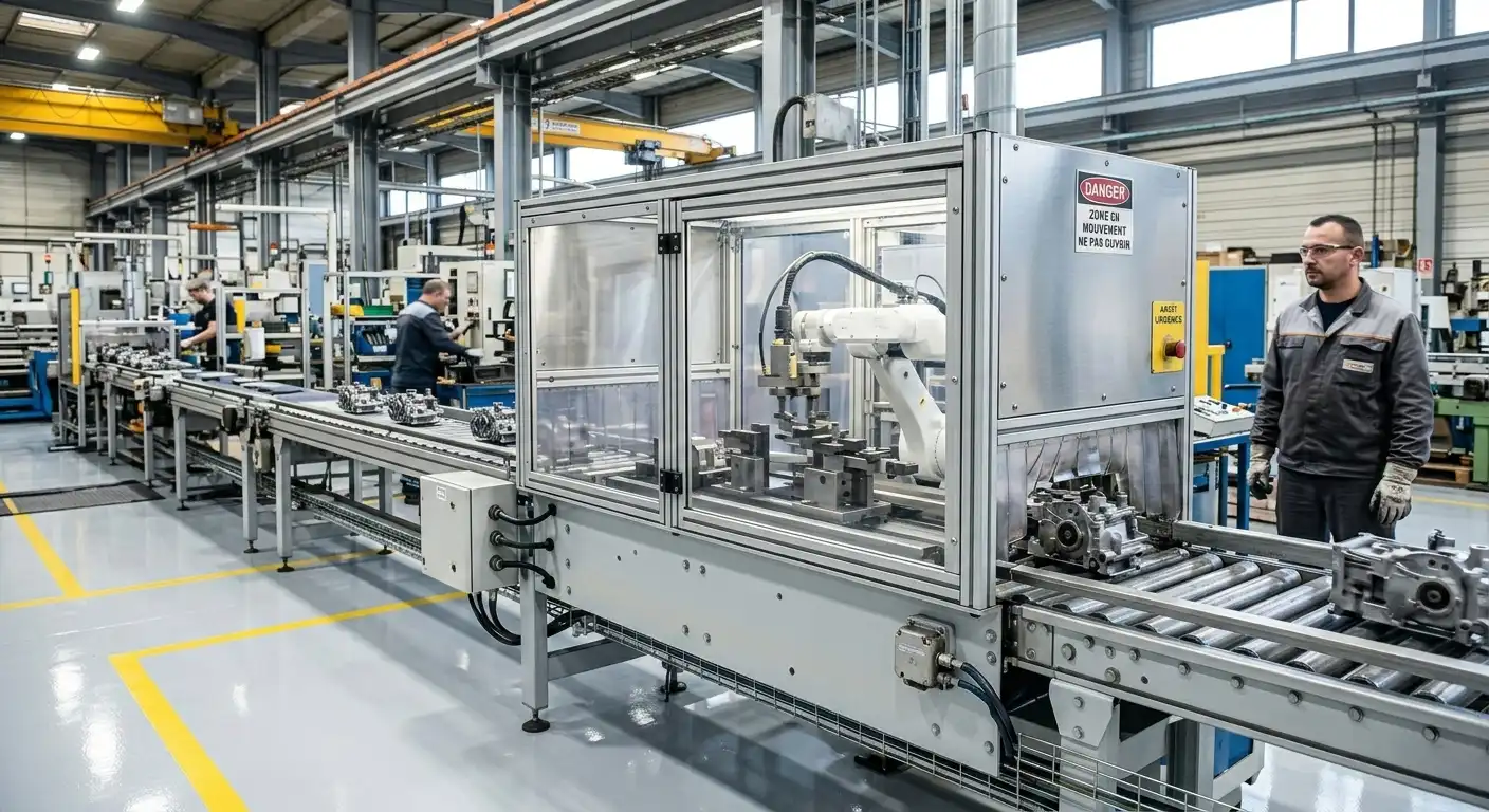 Carter de protection en polycarbonate usiné par fraisage CNC, monté sur une machine industrielle.
